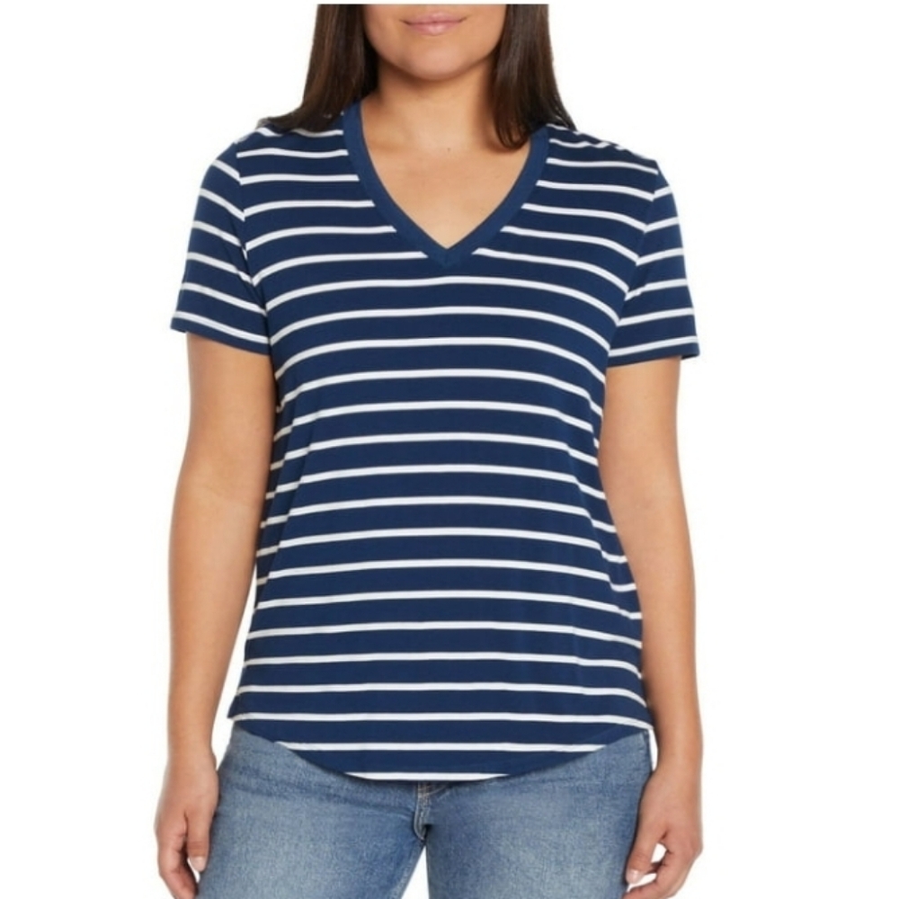 Gap Short Sleeve V-Neck T-Shirt Womens XXL Navy Blue White Stripe